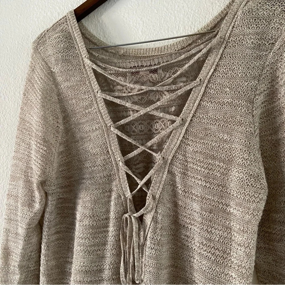 Lace Up Back Pull Over Knit Sweater Beige Lightweight Size XL Cotton Blend - Picture 4 of 12